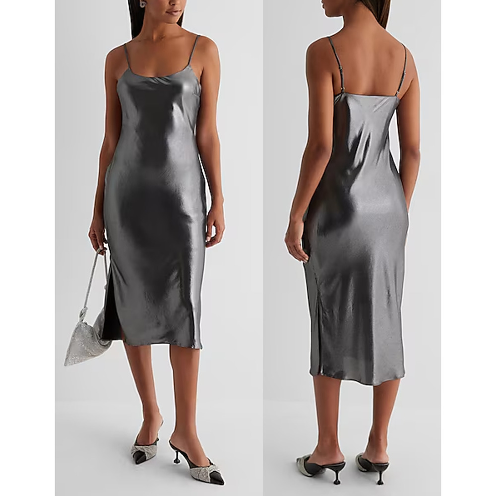 NWT Express Metallic Scoop Neck Downtown Cami Midi Slip Dress Silver Gray Small